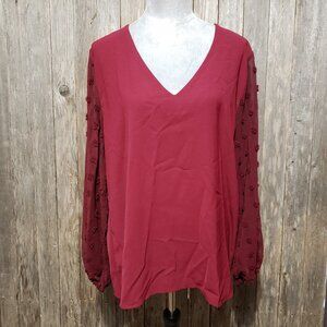 Fashion Collection XL Top Blouse Burgundy V Neck Sheer Long Sleeve Swiss Dot